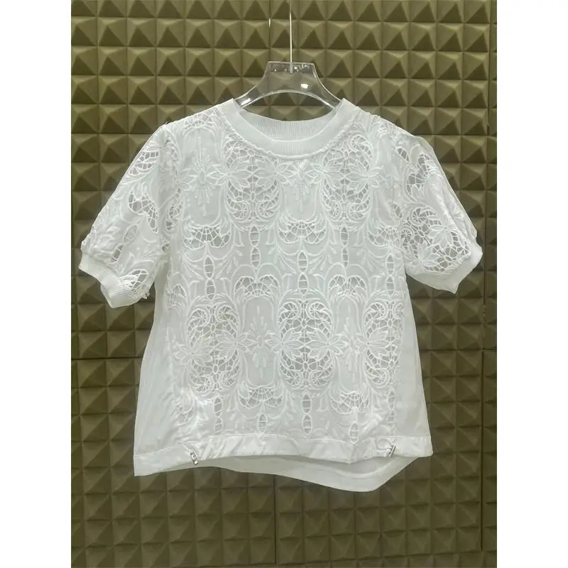 Lace Embroidered Patchwork Loose Fit Short Sleeve Women's Shirt round Neck Drawstring Hem Casual Style Breathable Summer New ...