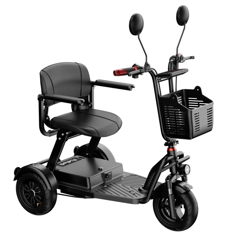 Электрический складной трицикл 1000 Вт, 48 В, 20 Ач для пожилых людей с корзиной, подлокотниками и зеркалами, 3-колесный электроскутер для пожилых
