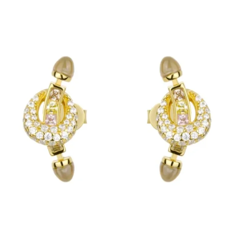 BELLUX 925 Silver Synthetic Zircon Gold White Full Diamond Arrow Through Circle Smile Studs Earrings