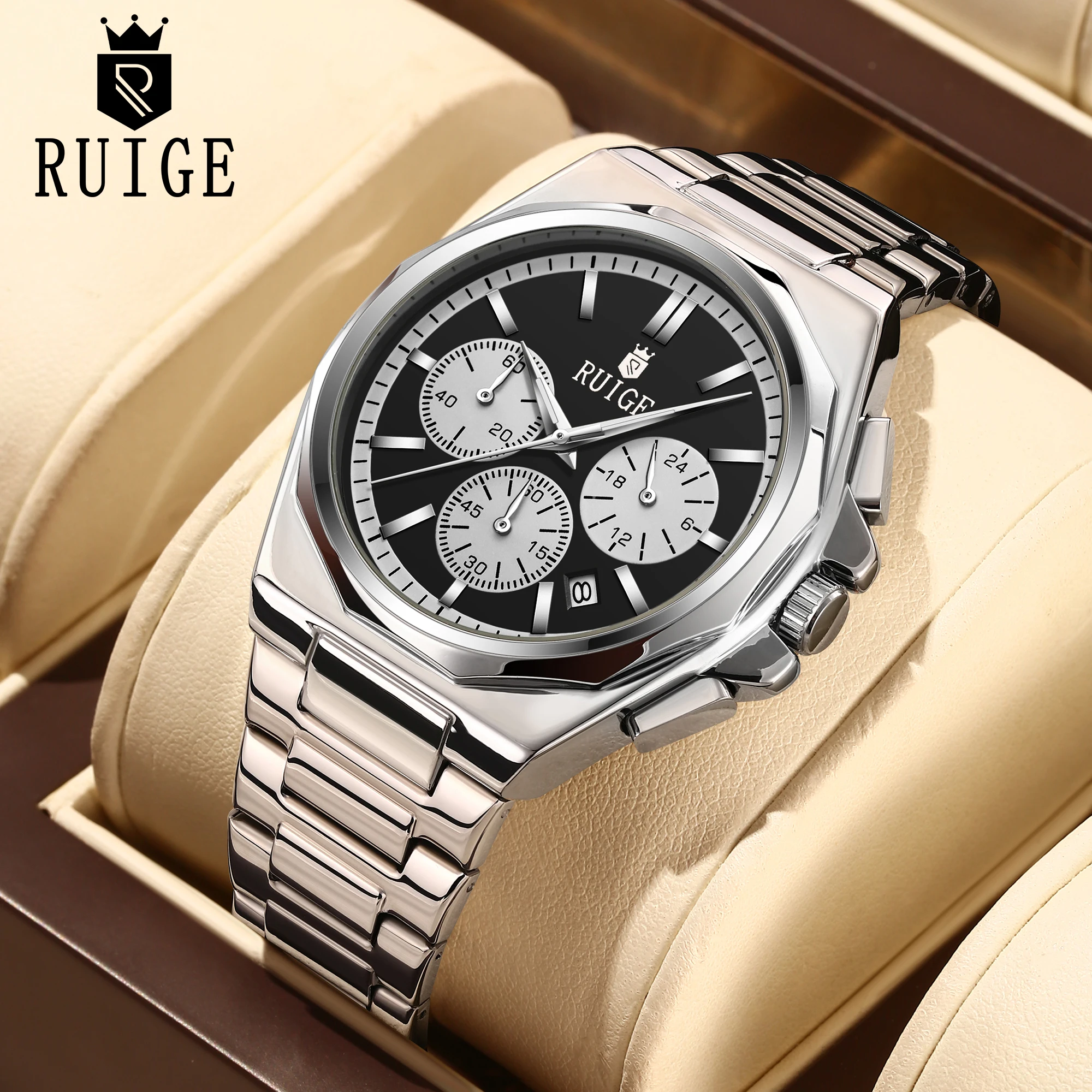 RUIGE New Multi Functional Men's Quartz Watch with Three Eyes and Six Needles, Fashionable Men's Night Light Waterproof Watch