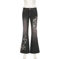 Floral Embroidery Jeans Vintage 2000s Low Rise Flared Jeans Women Retro Y2k Baggy Denim Pants High Street Basic Trousers - Image 4