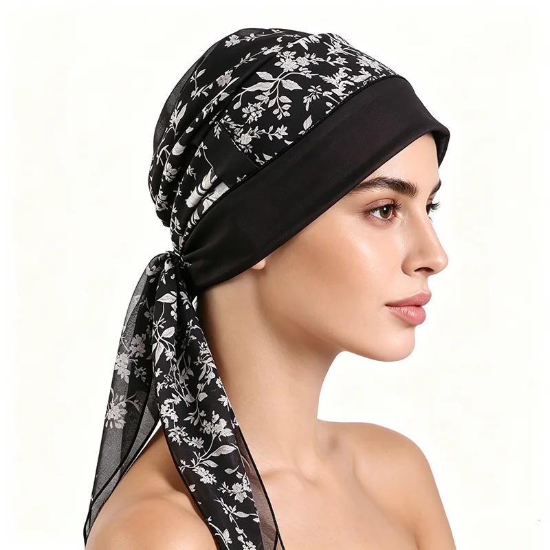 Neuer Muslimischer Hijab für Frauen, Bedruckter Stretch-Turban, Vorgebundene Chemo-Mütze, Bandana, Kopftuch für Krebspatienten und Haarausfall – Detail 9