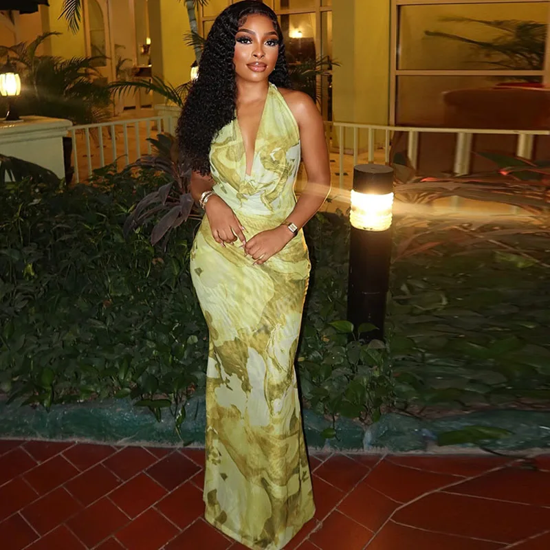 

Элегантное облегающее платье макси с принтом, женское вечернее клубное платье с лямкой на шее, глубоким v-образным вырезом, без рукавов, с открытой спиной, сексуальное длинное платье на день рождения