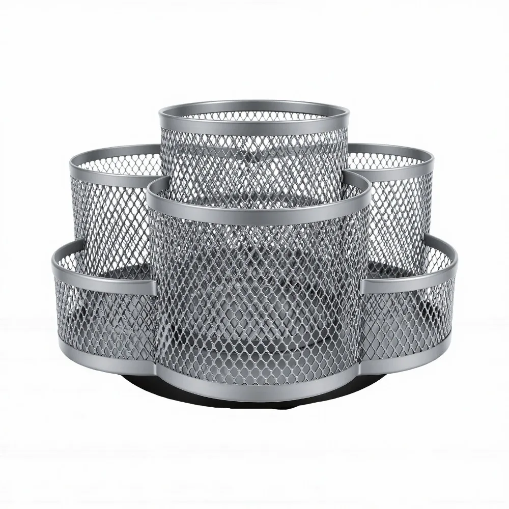 Mesh Rotating Pen Holder Silver Multi Grid Mesh Desk Organizer Metal Cylindrical Desk Storage Bucket Craft Supplies Storage