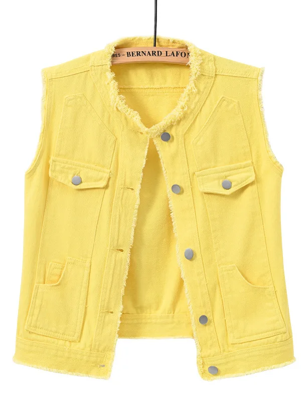 

Однотонный жилет на пуговицах для женщин, повседневный летний жилет из полиэстера, без железа, прочный