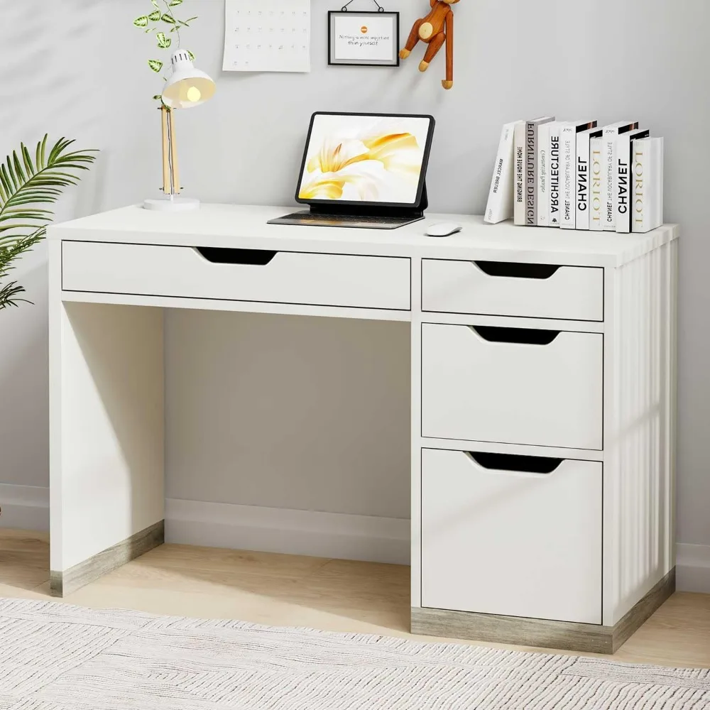 

48 Inch White Desk with Drawers, Small Desk with 4 Storage Drawers for Kids, Computer Study Desk with Filing Drawers for Home Of