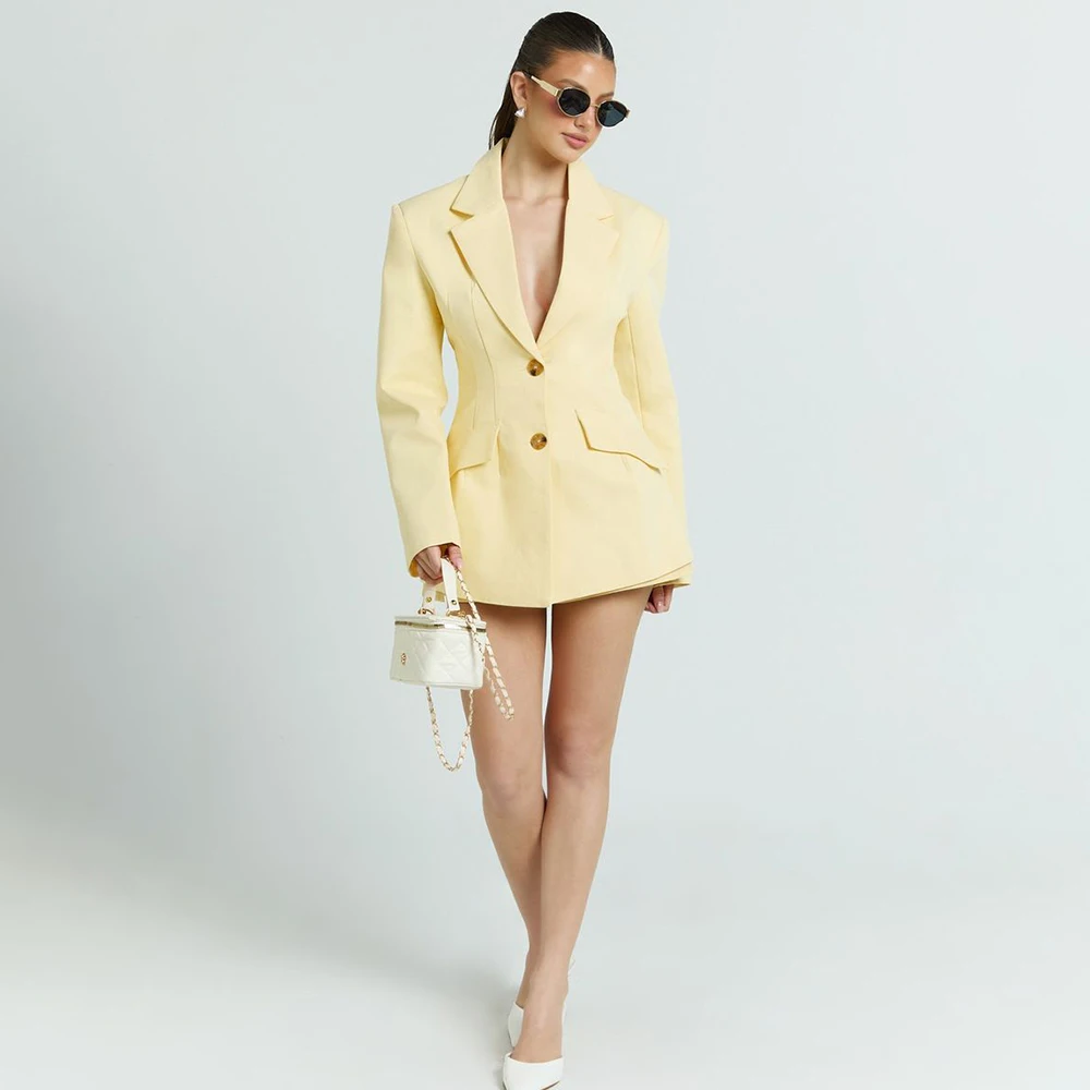 Light Yellow Women's 2Pic Suit Set Notched Lapel Single Breasted Jacket+High Waist Shorts Elegant Formal Office Lady Daily Wear