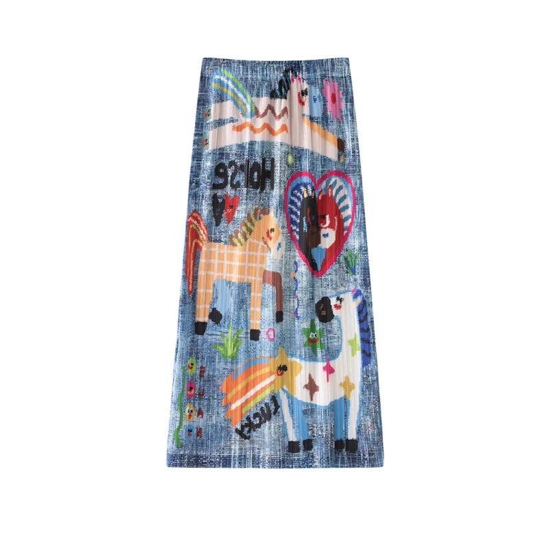 Miyake Pleated Women's Casual Skirt 2026 New Japanese Design Cartoon Print Elastic Waist Bag Hip Straight Skirt