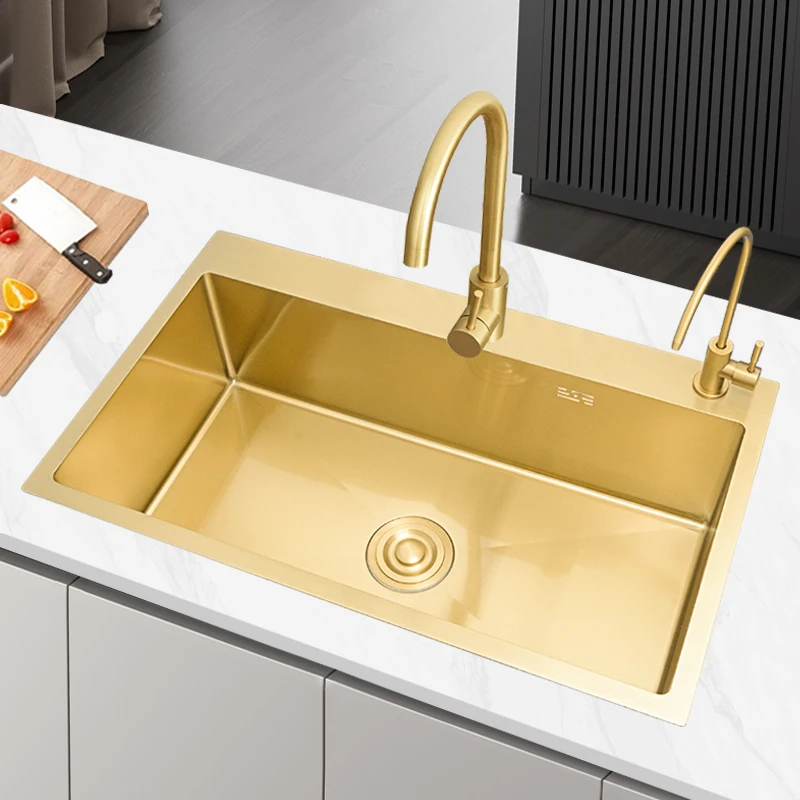 Waterfall 304 Single Bowl Kitchen Sink With Drain Board Gold Customizable Two Holes Stainless Steel Multifunctional