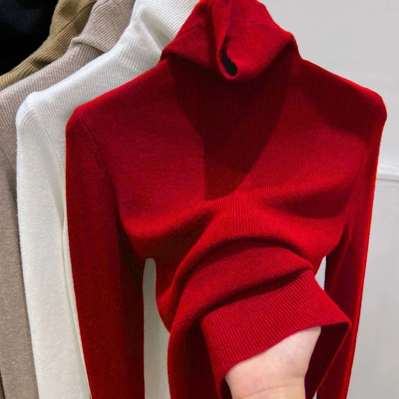 سترة عالية الرقبة قاعدة الخريف والشتاء تتراكم جديد أعلى البلوز بأكمام طويلة محبوك أنيق ونحيف صالح متماسكة سترة #5