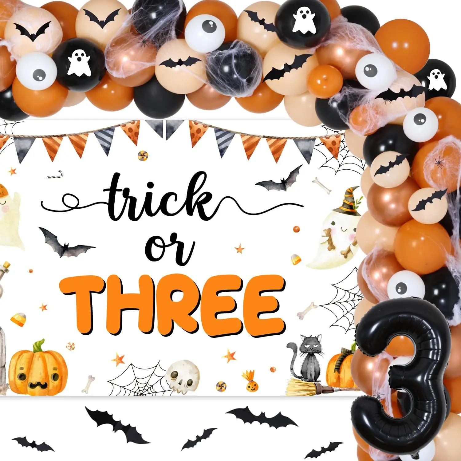 

Kreatwow Trick or Three Theme Halloween 3rd Birthday Party Decorations Pumpkin Backdrop Number 3 Balloon Party Decor Supplies
