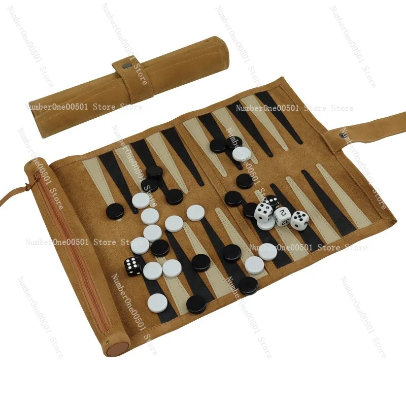 

Double Backgammon and Western Chess Portable Set with Rollable Storage and Anti Velvet Leather Cover Outdoor board games