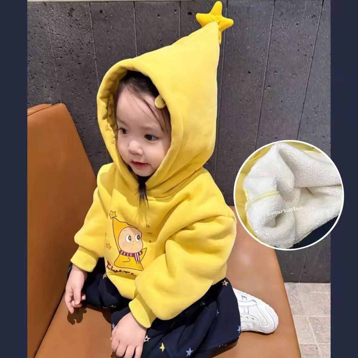 

Korean Winter Kid Girl 2PCS Clothes Set Cotton Print Hooded Thick Warm Children Girl Sweatshrit Colorful Star Fleece Sports Pant