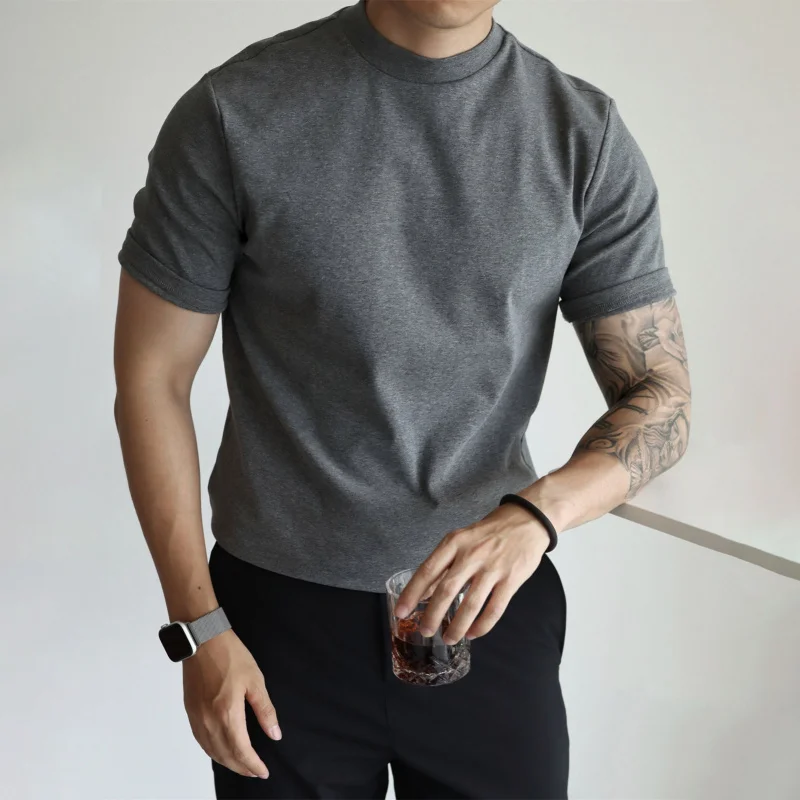 American Style Heavy Cotton Short Sleeve Mid-Neck Stretch Retro Men'S Half-High Neck-Shirt Solid Color Spring Summer Loose Bas