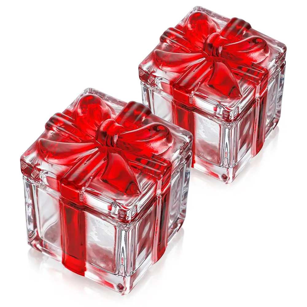 

2-Pa Square Crystal Glass Candy Jar With Lid Red Cookie Jar For Office Desk Kitchen Candy Buffet & Party Serving Storage