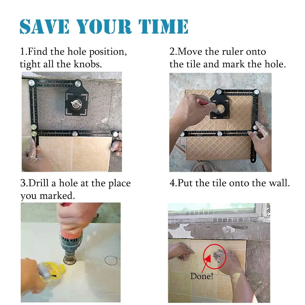 6 Regla multiángulo plegable, herramientas de medición de Material de aluminio ajustables, localizador de apertura de azulejos de cerámica, localizador de agujeros para azulejos