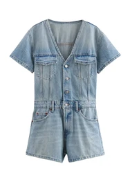 Kar＆Otza-2024 new Hong Kong style V-neck short-sleeved washed effect patch pocket decoration denim short jumpsuit summer chic