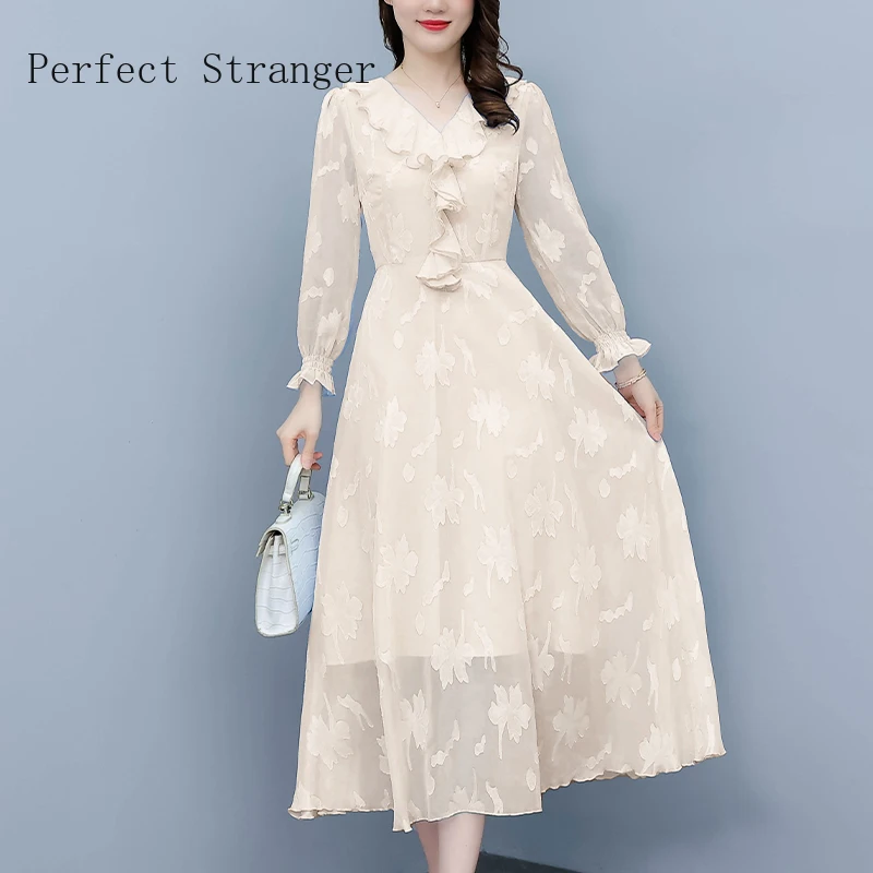 

2024 Autumn New Arrival Vestidos Elegantes Para Mujer V Collar Jacquard Weave Ruffles Long Sleeve Women Chiffon Long Dress