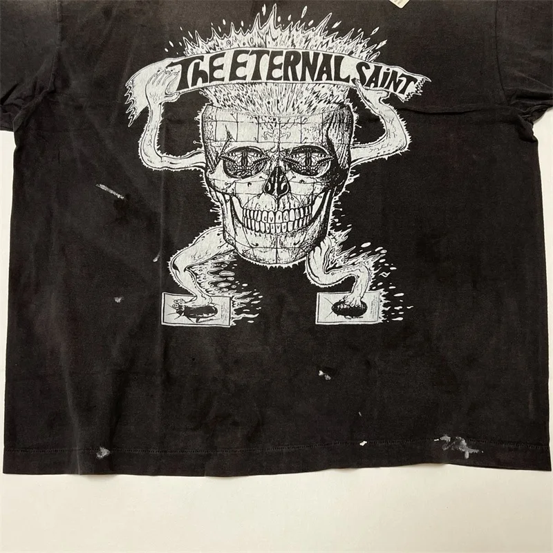 SAINT Michael Tshirts Men Women 1:1 Best Quality Skeleton Beetle Print Black Washed T-Shirts