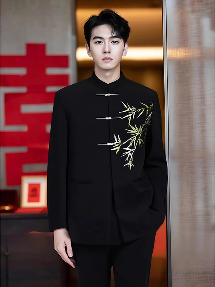 

Новый китайский Sle бамбуковый узор с вышивкой на пуговицах, мужской костюм, джет, большой размер, воротник, свадебный подарок, повседневная верхняя одежда