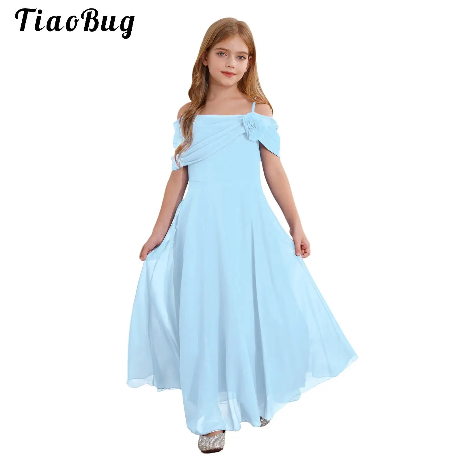 Kids Flower Girls Off Shoulder Chiffon Junior Bridesmaid Dress Elegant Princess Wedding Pageant Formal Ball Gown Maxi Dress