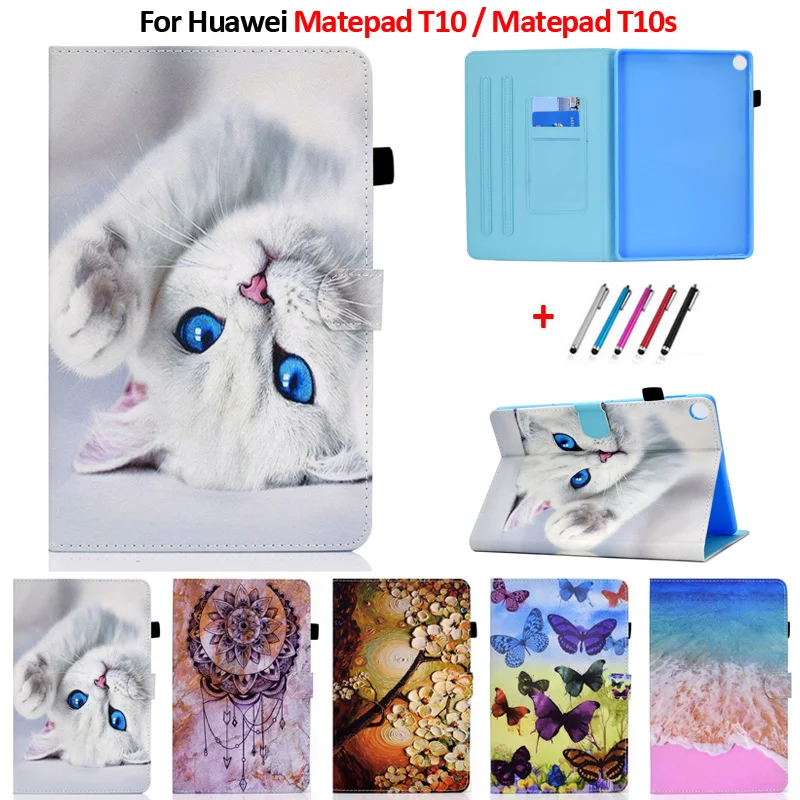 For Huawei Matepad T10s Case Cute Cat Painted Wallet Stand Tablet Funda For Huawei Matepad T10 Case For Huawei T 10s Cover+Gift