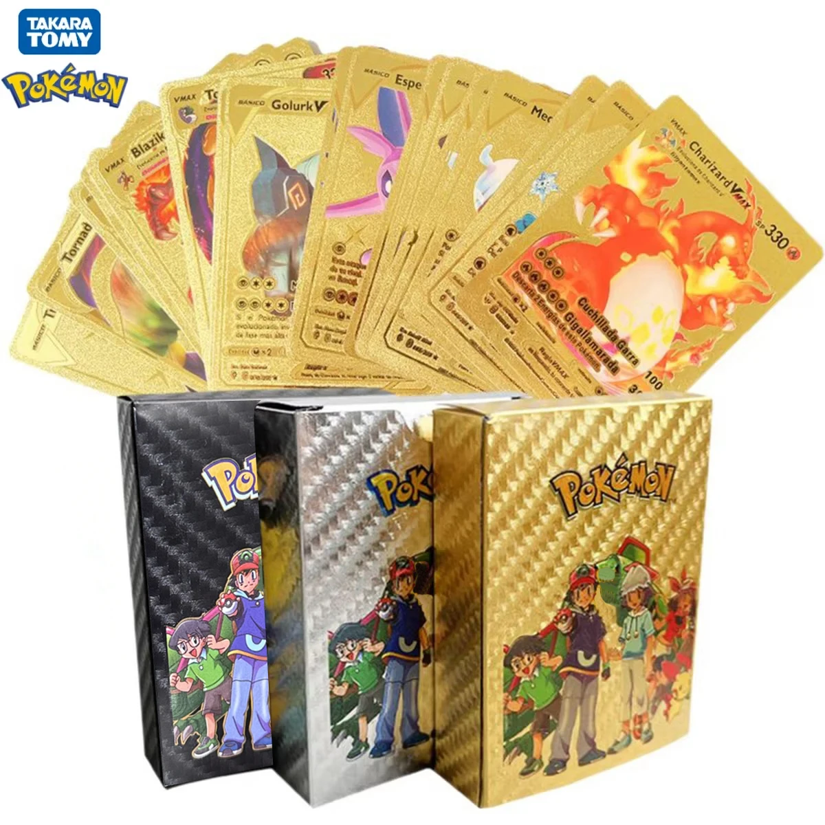 

Pokemon Cards Metal Gold Black Vmax GX Card Box Mewtwo Charizard Pikachu Rare Collection Battle Trainer Card Children Toys Gift