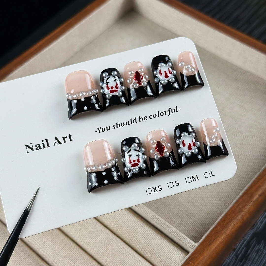 10pcs High-end Cartoon funny style, hand-drawn polka dots, funny face, small red square diamond, small pearls handmade fake nail