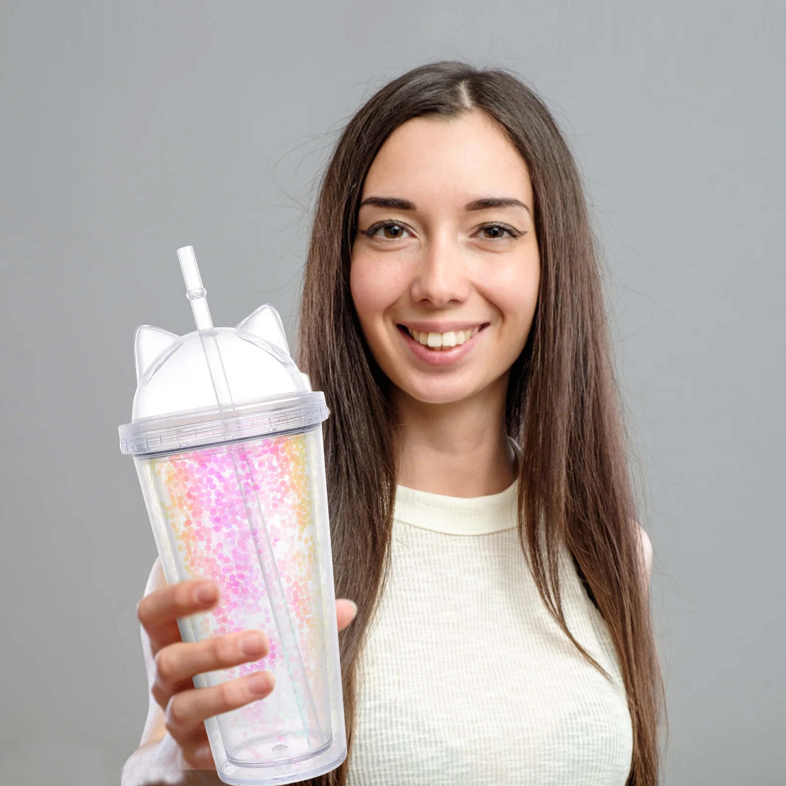 1Pcs Botol Minum Telinga Kucing Berlapis Ganda dengan Payet 420ml, Gelas Plastik Berdinding Ganda dengan Sedotan, Bergaya untuk Perjalanan, Kantor, dan Sekolah