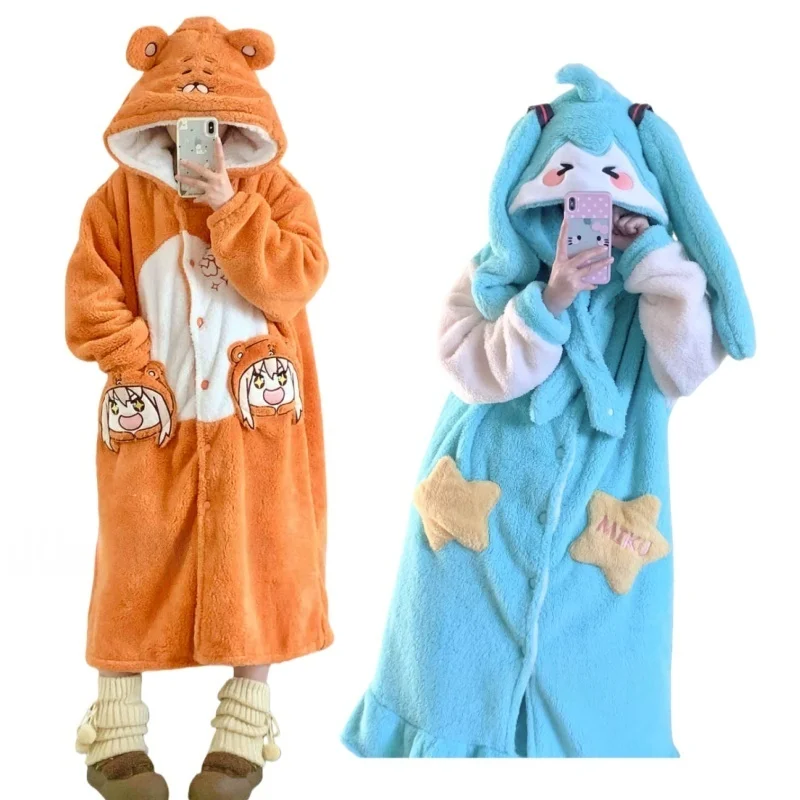 

Утолщенные флисовые зимние пижамы, женская одежда для сна в стиле аниме, коралловое бархатное зимнее пальто, мягкое плюшевое кимоно, ночная рубашка