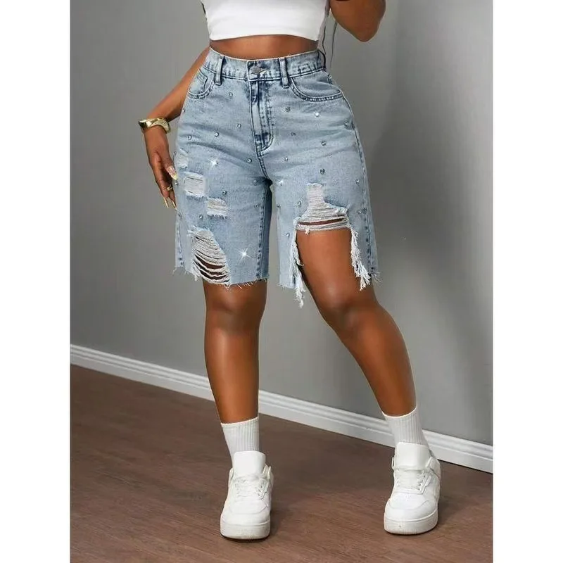 Women Denim Pant Shorts Jeans Vintage Knee Length Pants High Waist Hole Trousers Y2k Streetwear Elegant Work Casual 2026