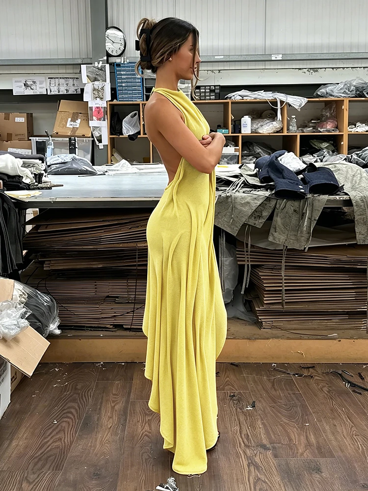Sisterlinda Trend Mode Sexy Langes Kleid Damen Rückenfrei O-Ausschnitt Ärmellos Unregelmäßiger Saum Urlaub Gerafftes Elegantes Kleid – Detail 13