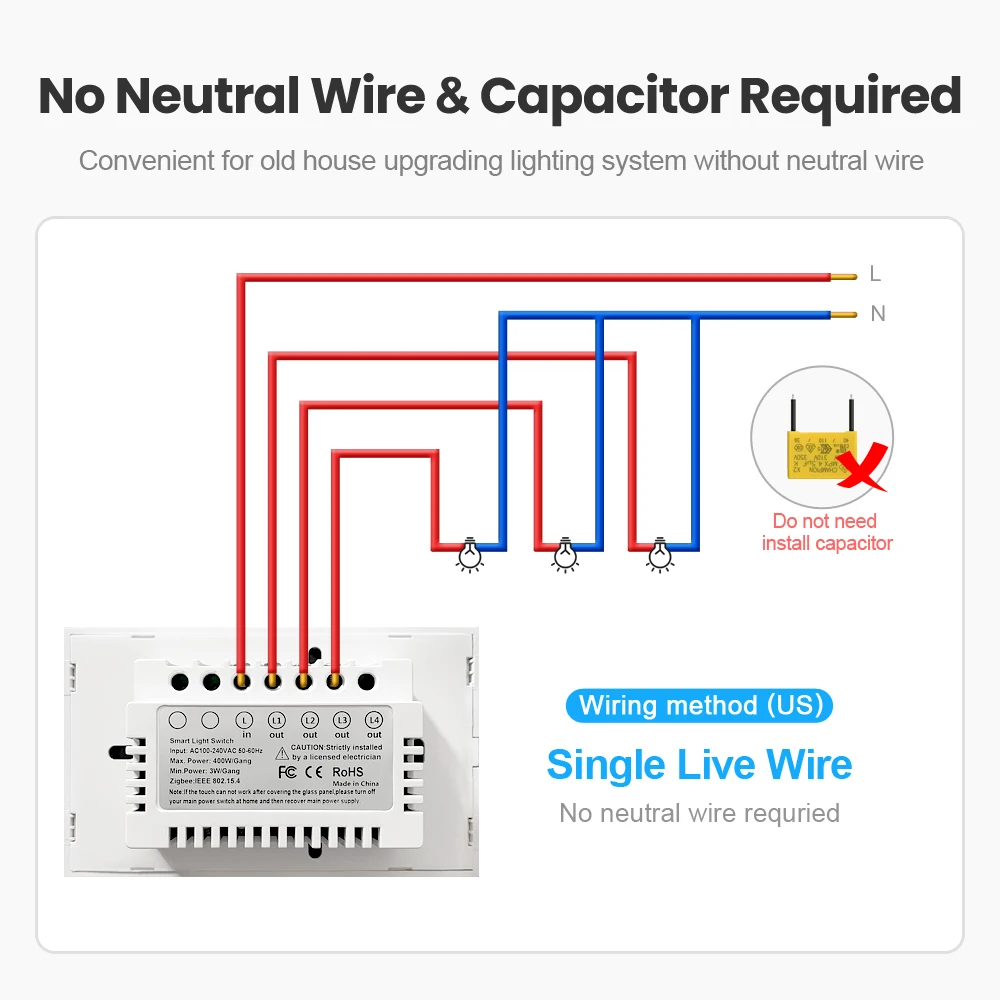 AVATTO-Interruptor de pared Tuya Zigbee, sin cable neutro, No requiere condensador, interruptor de luz inteligente, 1/2/3 entradas, funciona con Alexa /Google Home