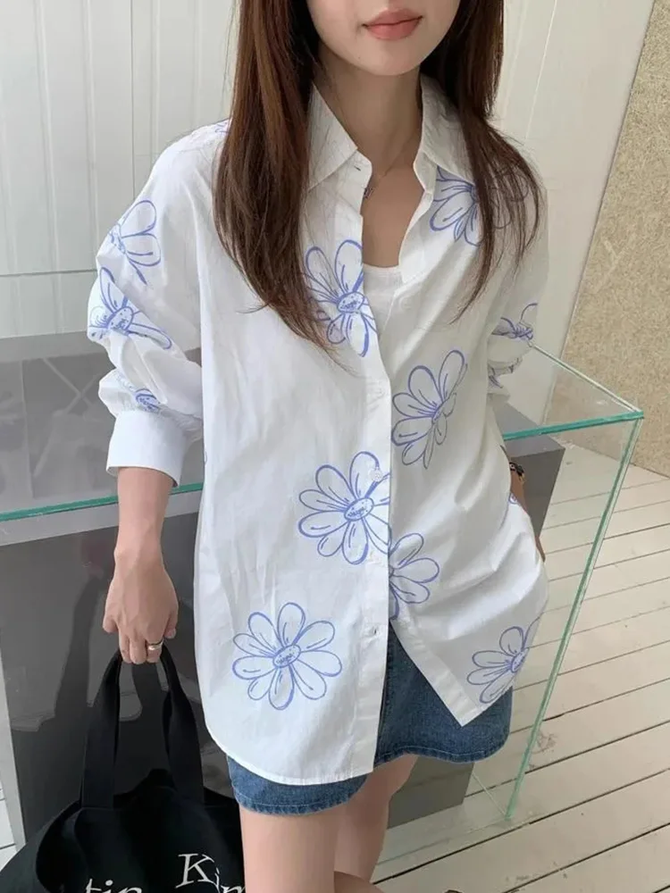 

Милая белая рубашка с цветочным принтом, женская свободная модная элегантная блузка с длинным рукавом, корейская весенне-осенняя женская повседневная шикарная топ с отложным воротником