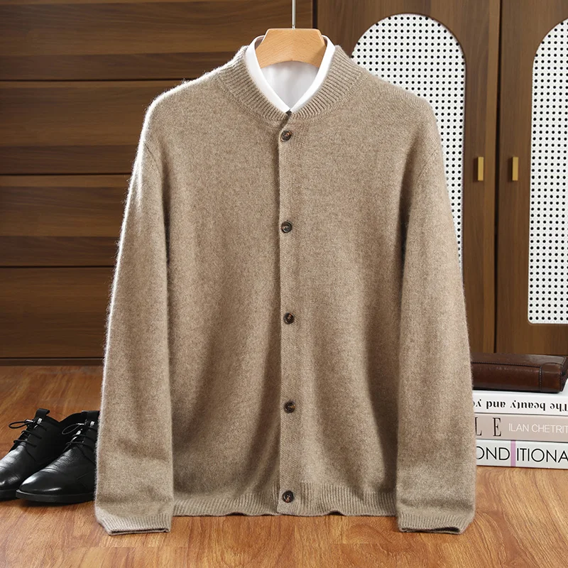 Men's 100% Cashmere Button-Up Cardigan round Neck Thickened Warm Knitted Casual Jacket Autumn Winter New