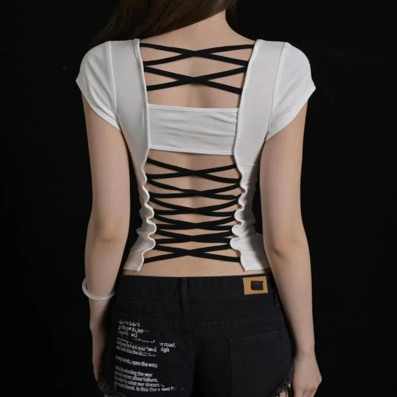American Street Trend Color Blocking Backless Strap U-neck T-shirt Niche Design Sense Short Slim Fit Top Футболка Смешная