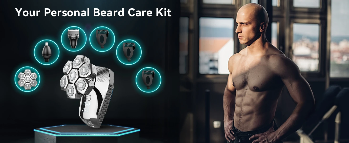 KENSEN S18 Electric Head Shaver Magnetic 7D Floating Blade 5 in 1 Grooming Kits Wet/Dry Head Shaving Machine Nose Trimmer Barber