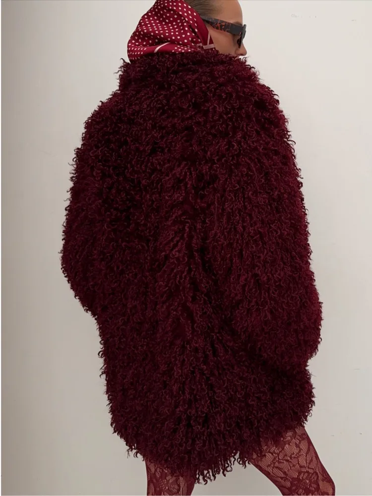 DFDG Abrigo de piel esponjosa burdeos de invierno para mujer, abrigo de manga larga de gran tamaño, ropa de abrigo cálida informal, abrigo de moda femenina de 2025