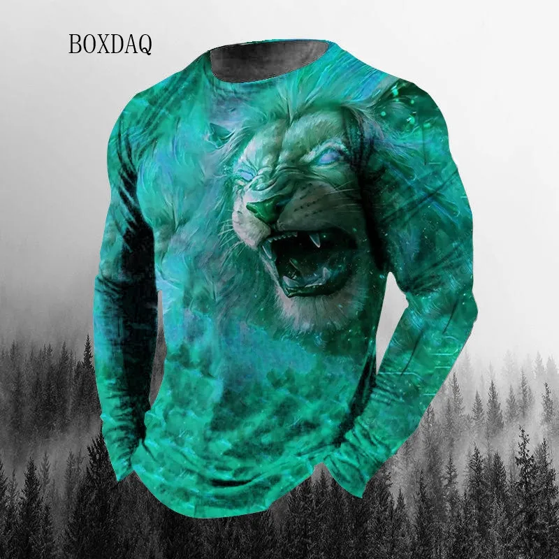 3D Lion Animal Pattern Print Men's Fashion T-shirts Spring Autumn Long Sleeve Tie-dye Street Hip Hop Male Tee 6XL Plus Size Tops