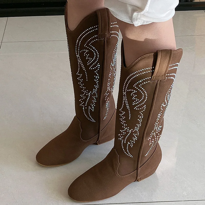 Venuslure Customized Cyrstal Winter Boots Dance Women Suede Black Orange Cowboy Boots for Dancing Soft Sole Long Boots image 4