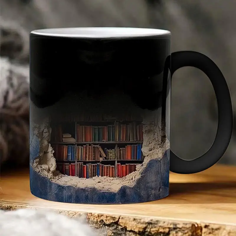 color changing Bookshelf Coffee Mug Novelty Heat Sensitive Cup 3D ceramic Drinkware Mugs Christmas Funny Gifts Book Lover Writer