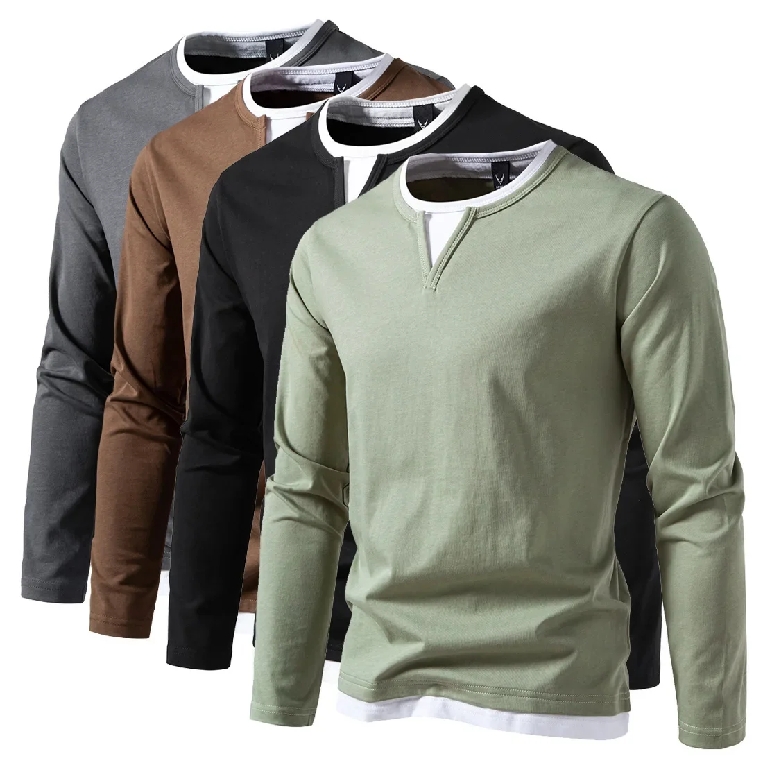 New Men's Fake Two-piece Double V-neck T-shirts Autumn Solid Casual Slim Pullover Shirts Male Basic Long Sleeve Tops Tees