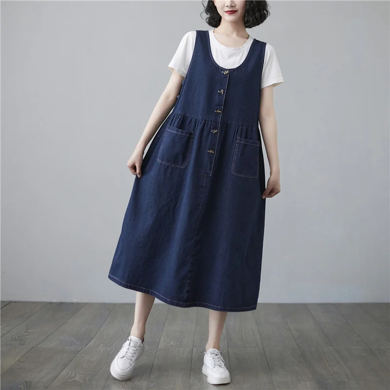 #2119 Spring Summer Denim Overalls Dress Women Sleeveless A-line Jeans Dress Female V Neck Single Breasted Midi Dresses Ladies