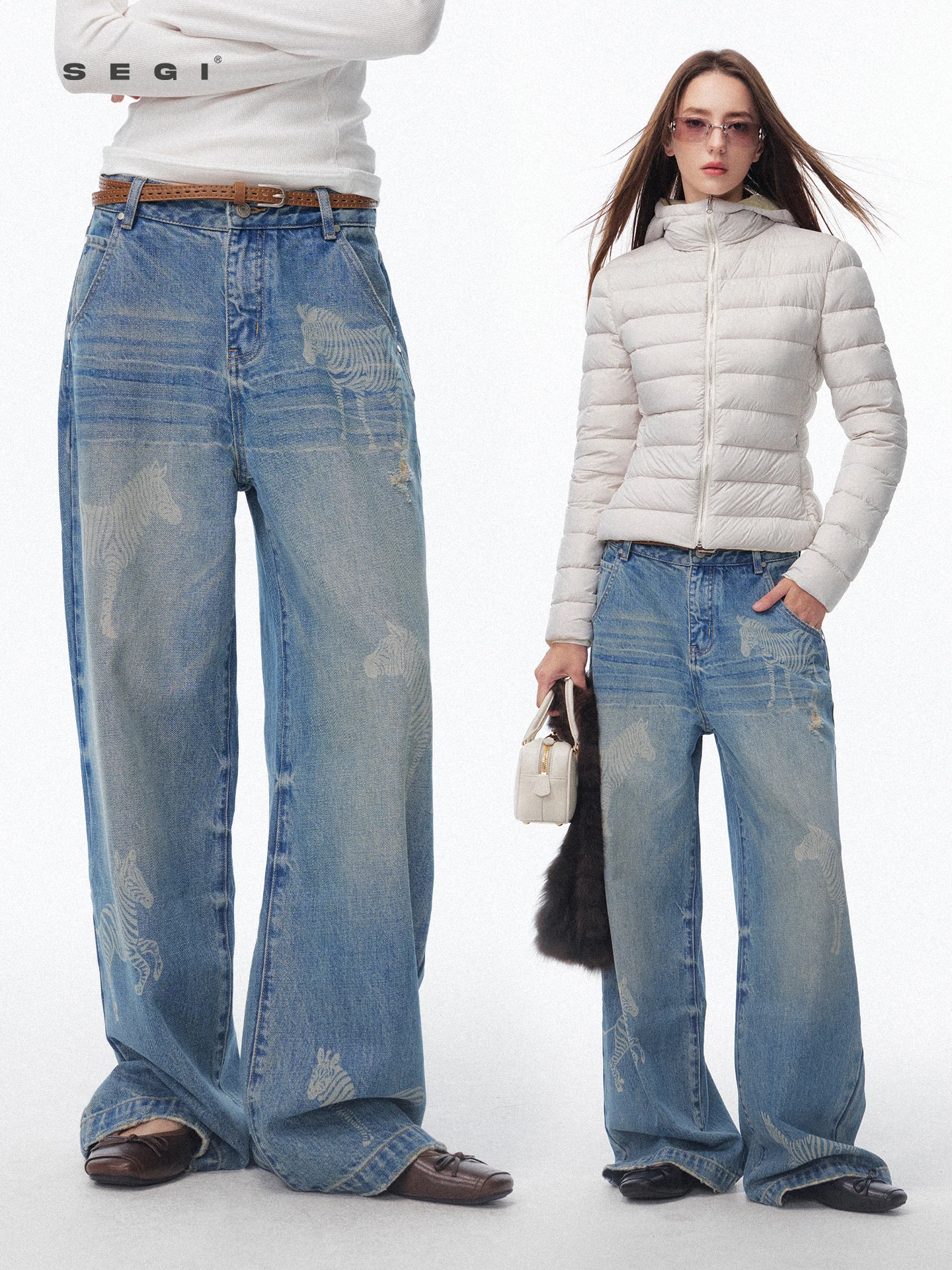 

Segi Original Design Winter New Laser Enaved Zebra Pattern Heavyweight Waed Vintage Blue Straight Leg Denim Jeans Women