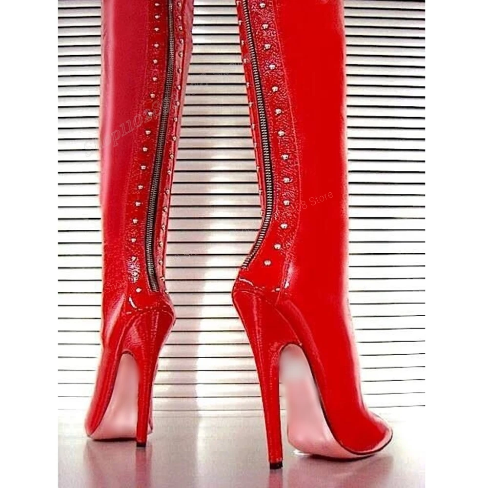 

Red Patent Leather Round Rivets Knee High Boots Pointed Toe Stiletto High Heel Fashion Sexy Women Shoes 2024 Zapatos Para Mujere