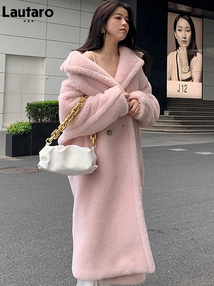 Lautaro Winter Oversized Lange Roze Dikke Warme Teddy Jas Vrouwen Double Breasted Losse Casual Stijlvolle Europese Faux Fur Overjas