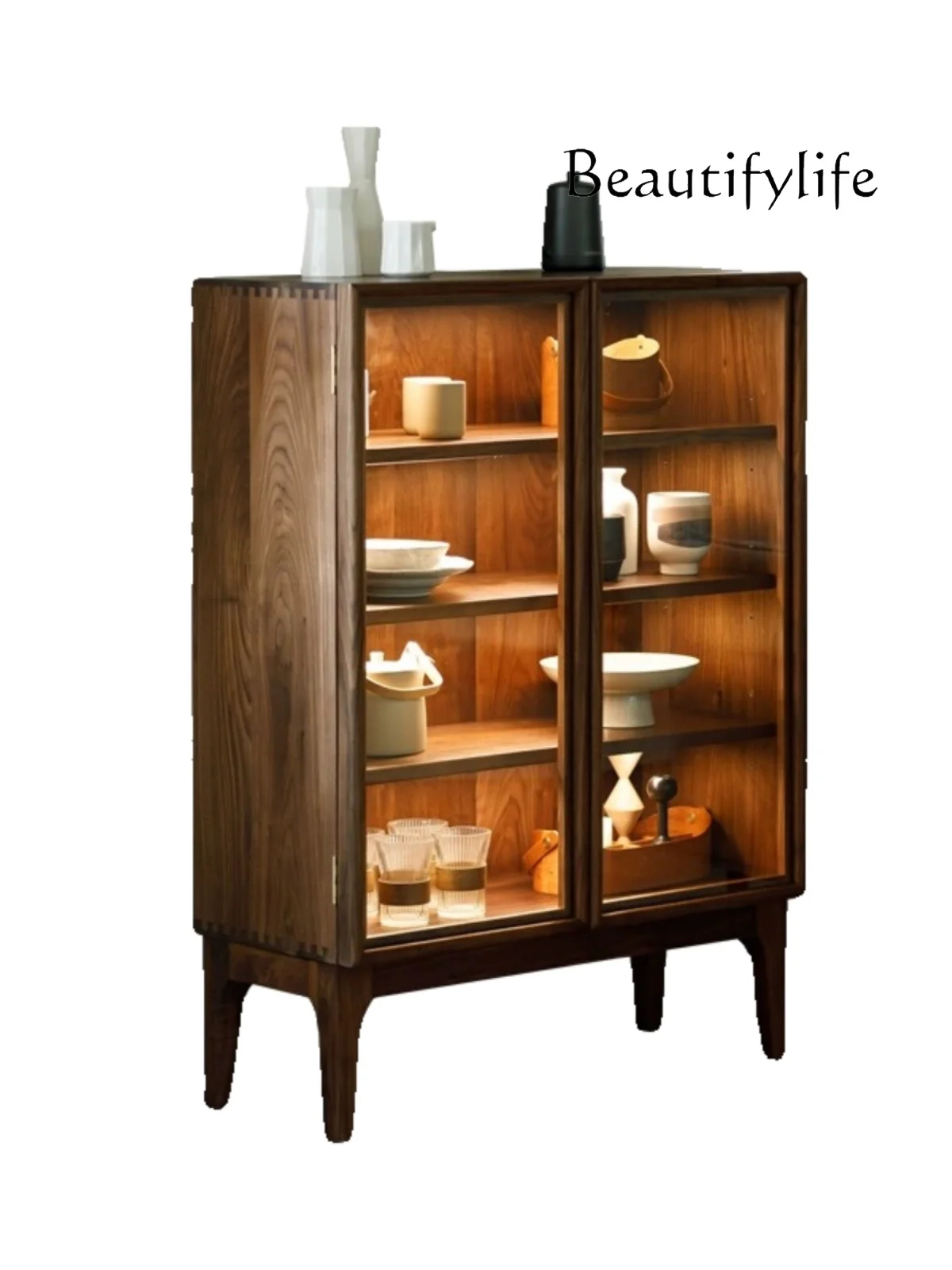 

Nordic black walnut solid wood dining side cabinet entrance entrance cabinet modern simple glass display cabinet