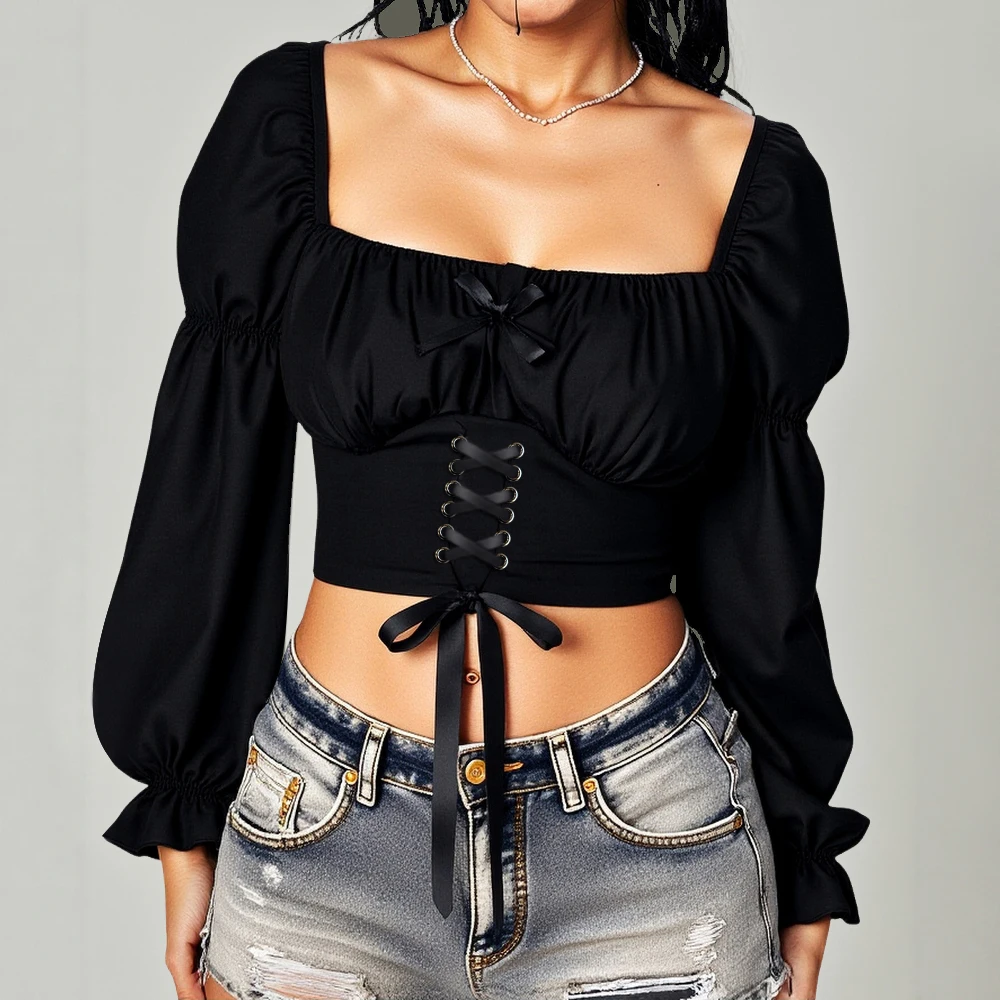 

Бутик женских блузок Mia Muse, осень 2024, повседневные базовые однотонные однотонные блузки с длинными рукавами и квадратным вырезом на шнуровке, облегающие тонкие блузки