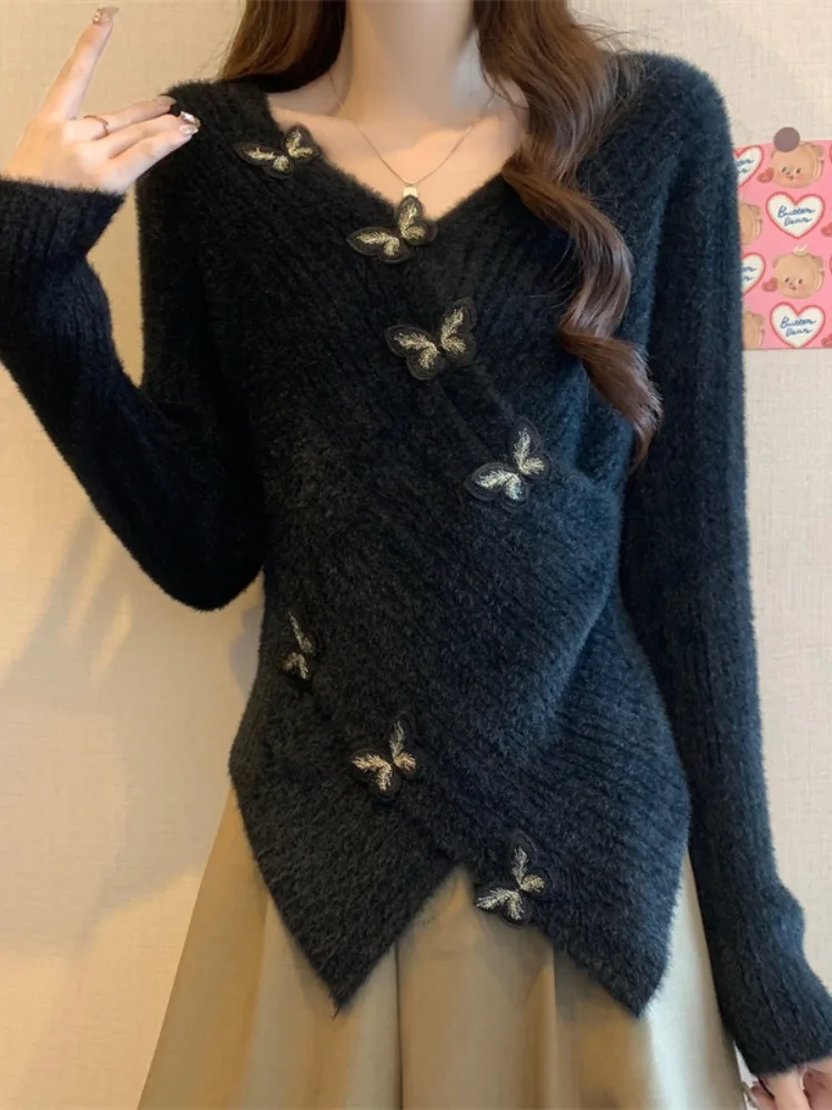 부드러운 브이넥 여성 니트 스웨터 매듭 디자인 슬림 핏 베이스 레이어 가을 겨울 따뜻한 롱 스웨터 탑