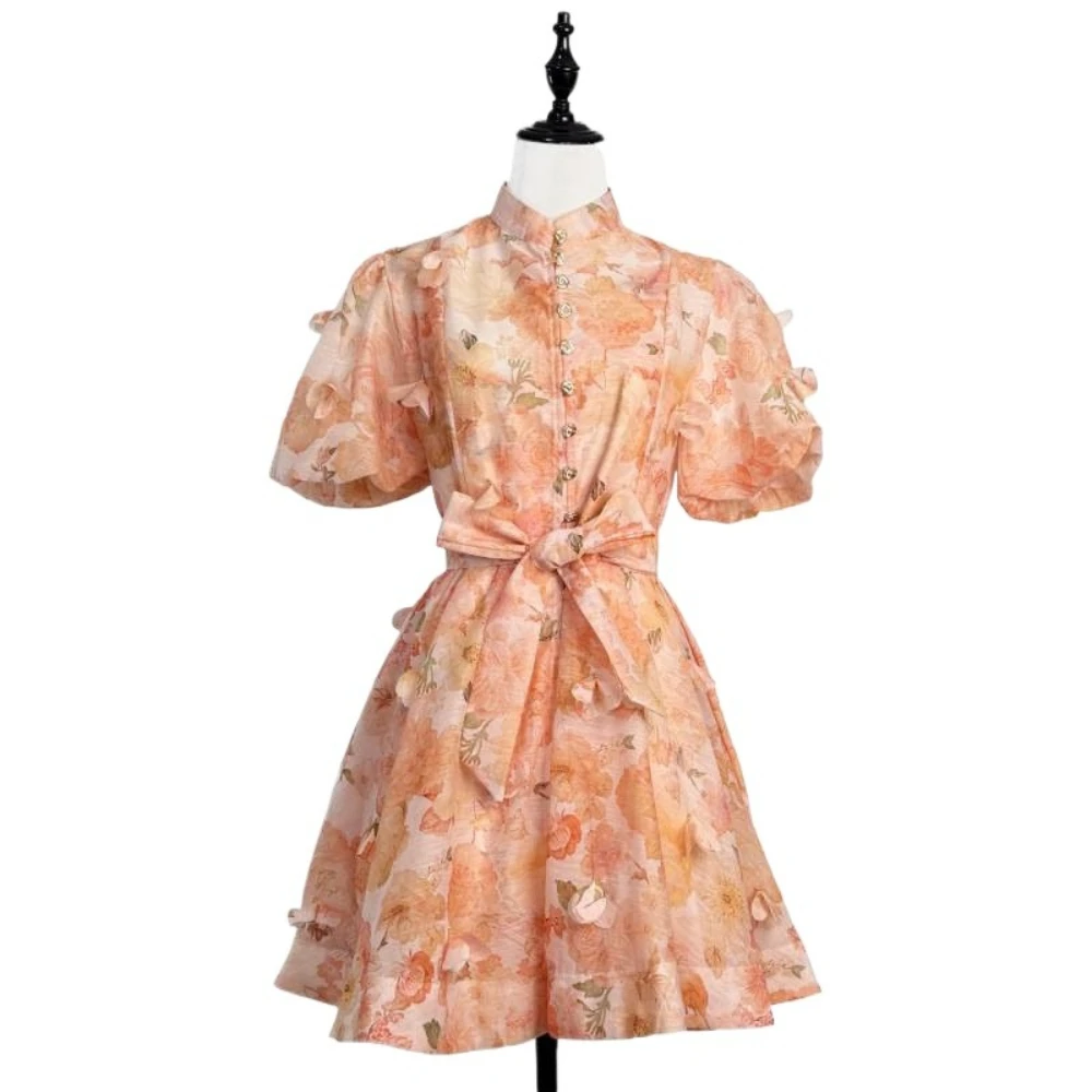 French Retro Style Flower Pendant Short Sleeved Bubble Sleeve Single Breasted Short Skirt Dress with Tie Up Waist Umbrella Skirt